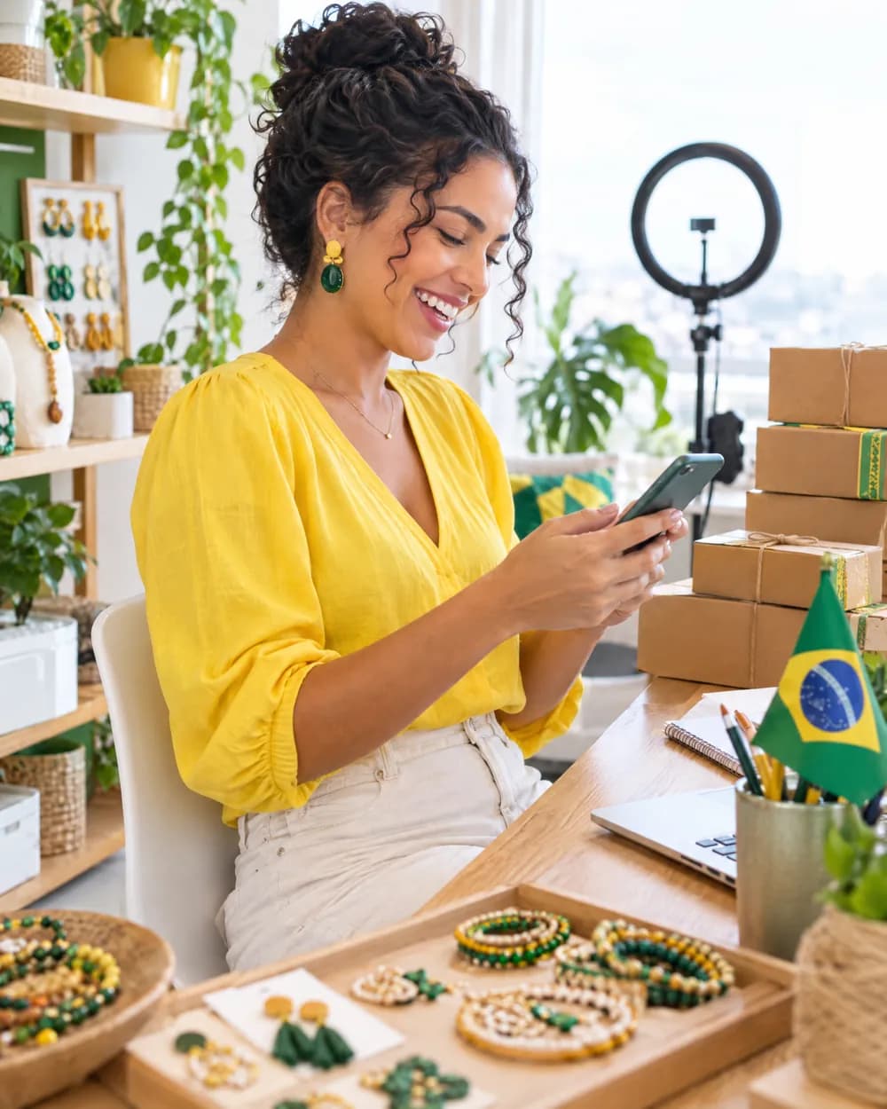 Empreendedora de acessórios olhando o celular na mesa de trabalho, com caixas e a bandeira do Brasil