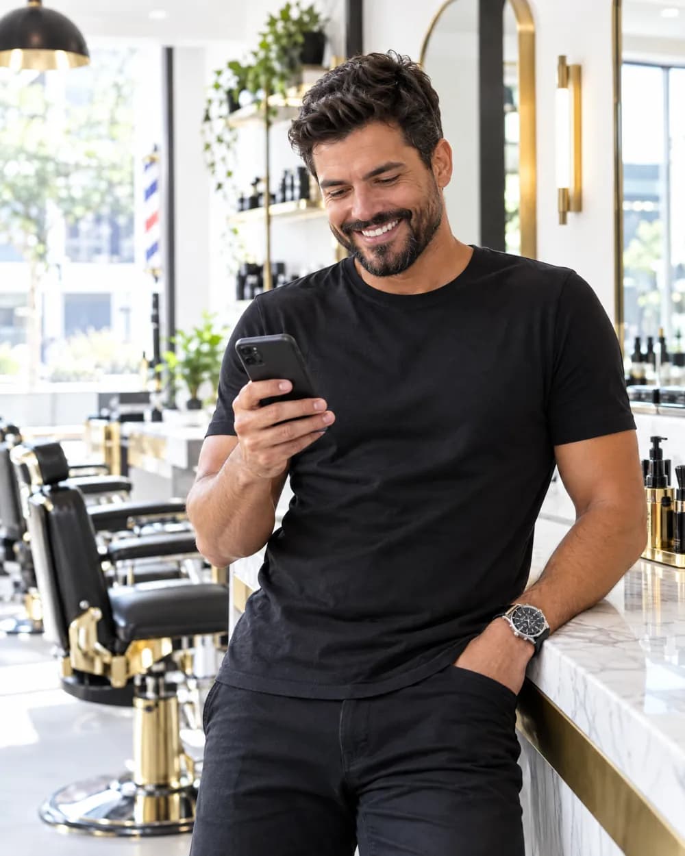 Barbeiro encostado no balcão da barbearia, sorrindo para o celular