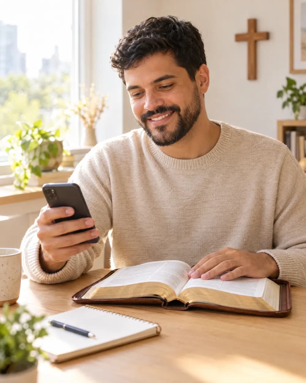 Influenciador cristão olhando o celular à mesa, com uma Bíblia aberta e uma cruz na parede