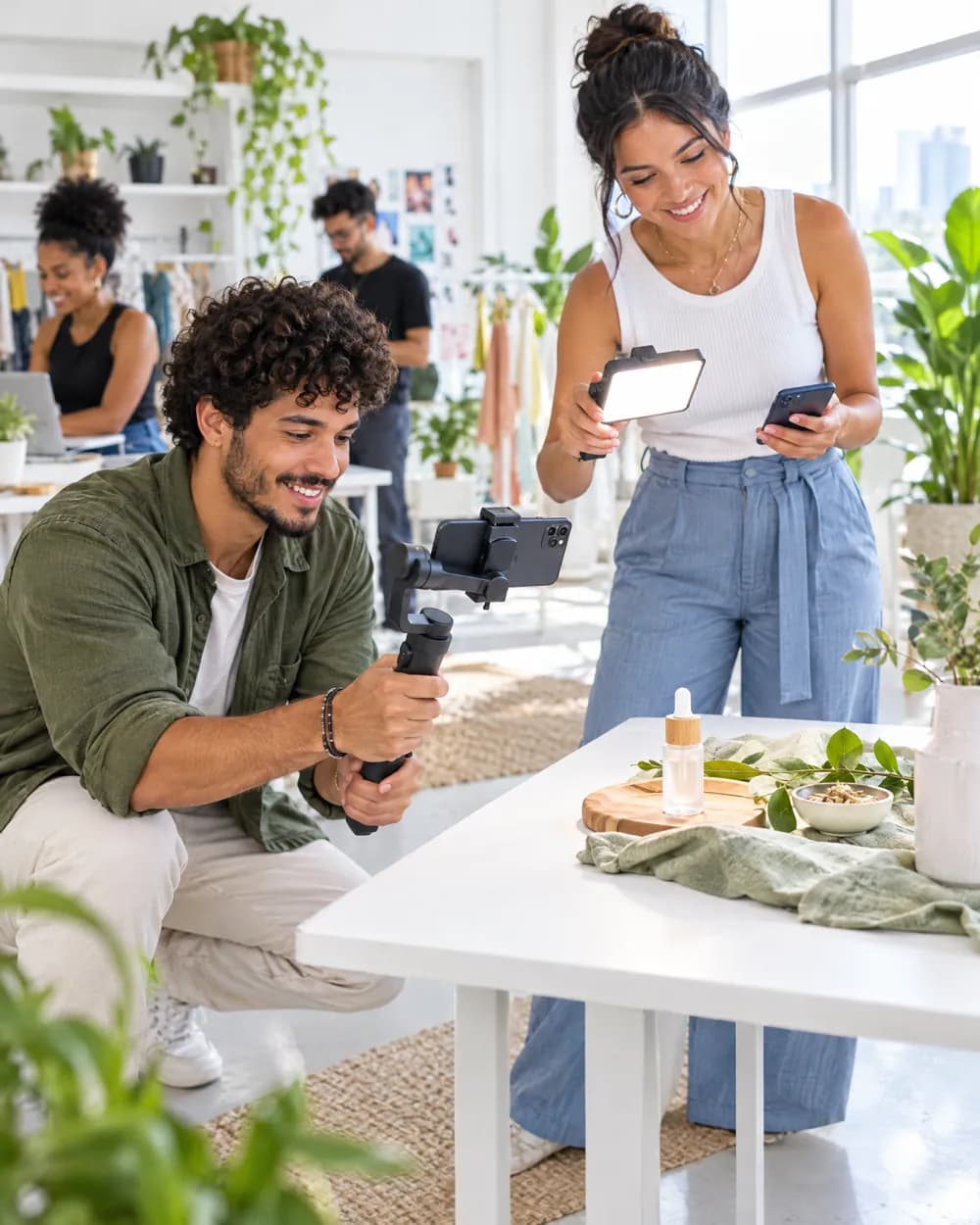 Equipe num estúdio filmando um produto sobre a mesa, com celulares e luz de apoio