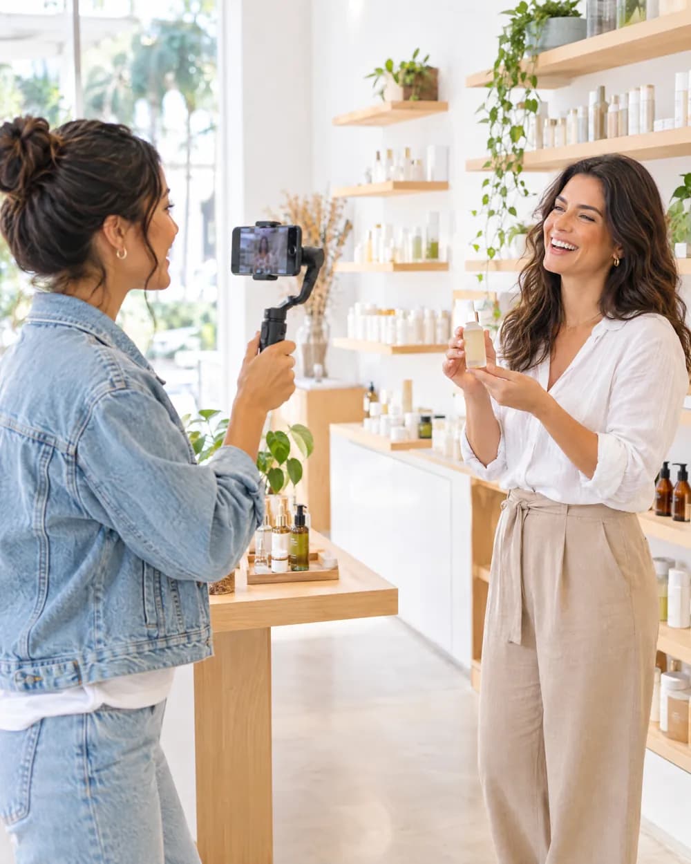 Social media filmando com o celular a dona de uma loja de skincare apresentando um produto