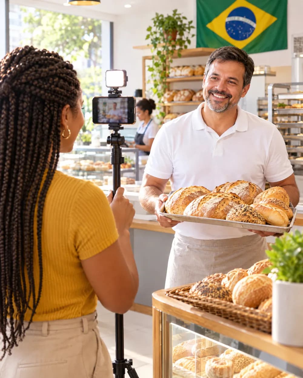 Social media filmando o dono da padaria mostrando uma bandeja de pães, com a bandeira do Brasil ao fundo