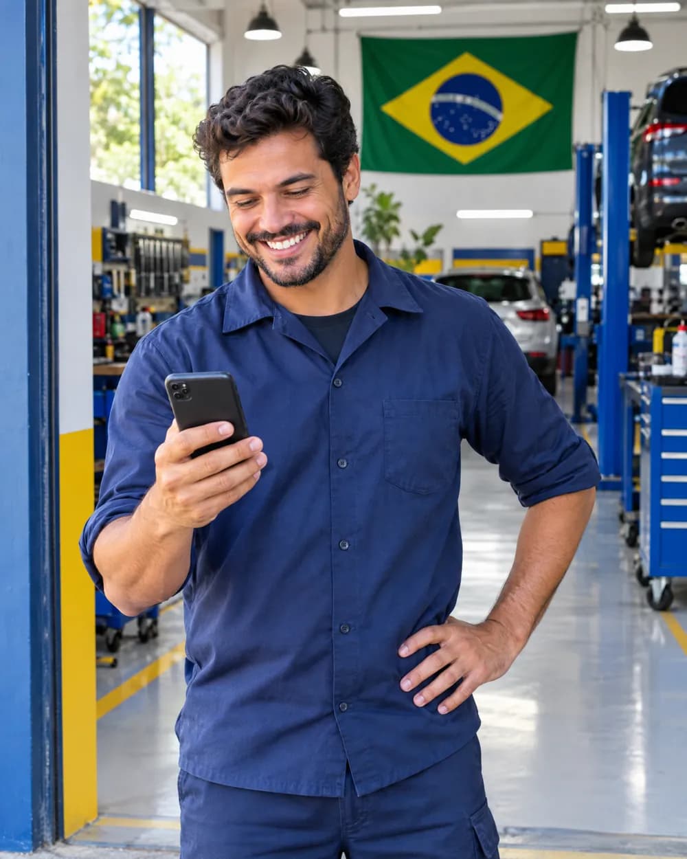 Mecânico na oficina sorrindo para o celular, com a bandeira do Brasil ao fundo