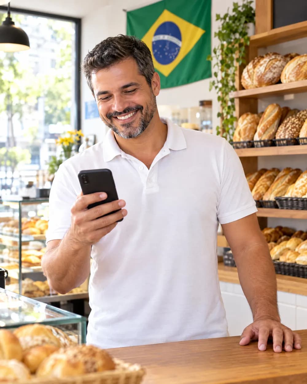 Dono de padaria no balcão, olhando o celular, com pães e a bandeira do Brasil ao fundo