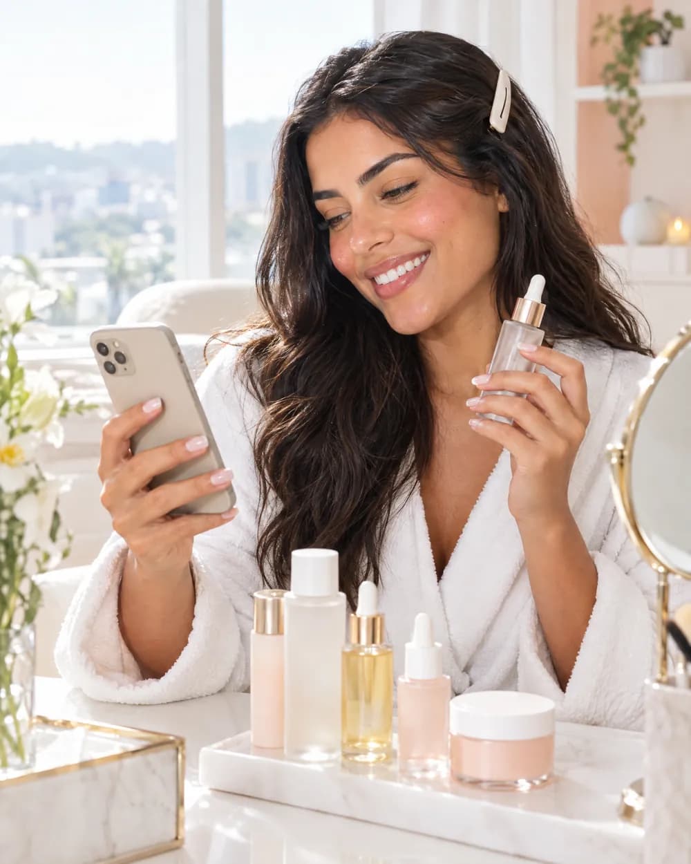 Influenciadora de skincare de roupão segurando o celular e um frasco de sérum